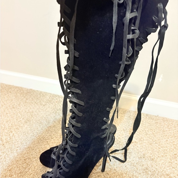 Black Heeled Boots with Lace-Up Design and High Stiletto Heel - Picture 3 of 6